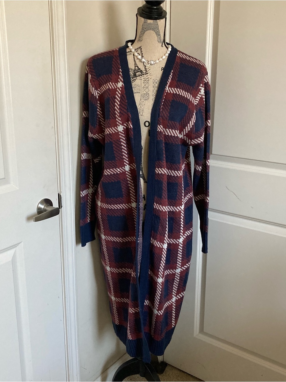 Runway Women’s Long Open-Front Plaid Cardigan Sweater in Navy and Burgundy